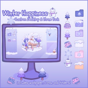 Winter Happiness | Pacote de Temas para Desktop e Celular | Conjunto Organizador Personalizado com Papel de Parede | Ícones, Pastas, Cursores | Neve Aconchegante Kawaii