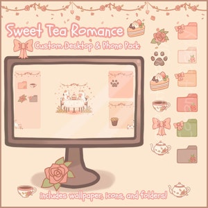 May include: A digital desktop and phone pack with a pink and brown colour scheme. The pack includes a wallpaper with a cartoon illustration of two cats having tea, a variety of icons, and folders. The text "Sweet Tea Romance" is at the top of the image.
