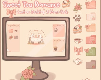 Sweet Tea Romance | Desktop & Phone Theme Pack | Custom Organizer Set With Wallpaper | Icons, Folders, Cursors | Kawaii Pink Kitty Coquette