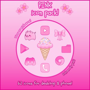 Könnte beinhalten: Ein rosa Icon-Paket mit 62 Icons für Desktop und Handy. Die Icons befinden sich in einem Kreis mit rosa Hintergrund. Die Icons beinhalten ein Schwein, einen Play-Button, eine Schleife, Eiscreme, einen Ordner, ein Discord-Logo, ein Telefon und ein Chrome-Logo. Der Text "Wow so pink wow!" befindet sich auf der linken Seite des Kreises und der Text "Extremely Pink!" befindet sich auf der rechten Seite des Kreises.