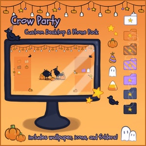 Crow Party | Desktop & Phone Theme Pack | Custom Organizer Set With Wallpaper | Icons, Folders, Cursors | Cute Halloween Pumpkin Spooky