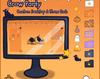 Crow Party | Desktop & Phone Theme Pack | Custom Organizer Set With Wallpaper | Icons, Folders, Cursors | Cute Halloween Pumpkin Spooky
