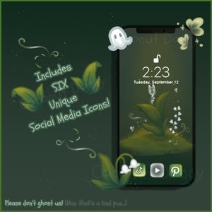 May include: A green and white phone wallpaper with a lily of the valley flower and a ghost. The phone screen displays the time 2:23 and the date Tuesday, September 12. The text "Includes Six Unique Social Media Icons!" is written on the left side of the image. The text "Please don't ghost us! (Man that's a bad pun.)" is written at the bottom of the image.