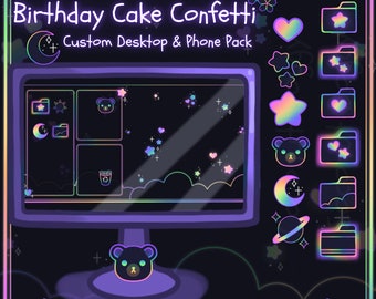 Birthday Cake Confetti | Desktop & Phone Theme Pack | Custom Organizer Set With Wallpaper | Icons, Folders, Cursors | Cute Neon Glow Kawaii