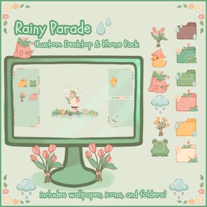 Rainy Parade | Desktop & Phone Theme Pack | Custom Organizer Set With Wallpaper | Icons, Folders, Cursors | Cute Kawaii Floral Spring