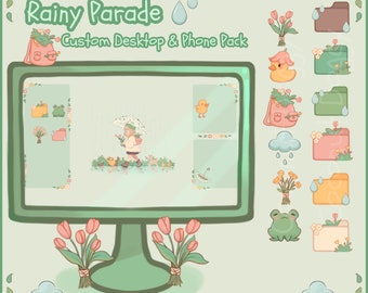 Rainy Parade | Desktop & Phone Theme Pack | Custom Organizer Set With Wallpaper | Icons, Folders, Cursors | Cute Kawaii Floral Spring