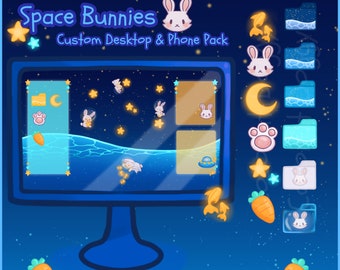 Space Bunnies | Cute Adventure Wallpaper Desktop Phone Theme Pack | Custom Organizer Set