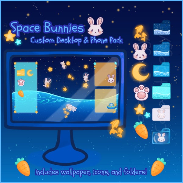 Space Bunnies | Cute Adventure Wallpaper Desktop Phone Theme Pack | Custom Organizer Set