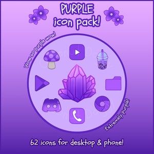 May include: A purple icon pack with 62 icons for desktop and phone. The icons include a mushroom, a play button, a boba tea, a crystal, a folder, a Discord logo, a phone, and a Chrome logo. The text "Wow so purple wow!" and "Extremely purple!" are written around the icons.