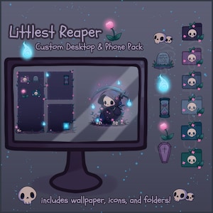 Littlest Reaper | Cute Skeleton Wallpaper Desktop Phone Theme Pack | Custom Organizer Set