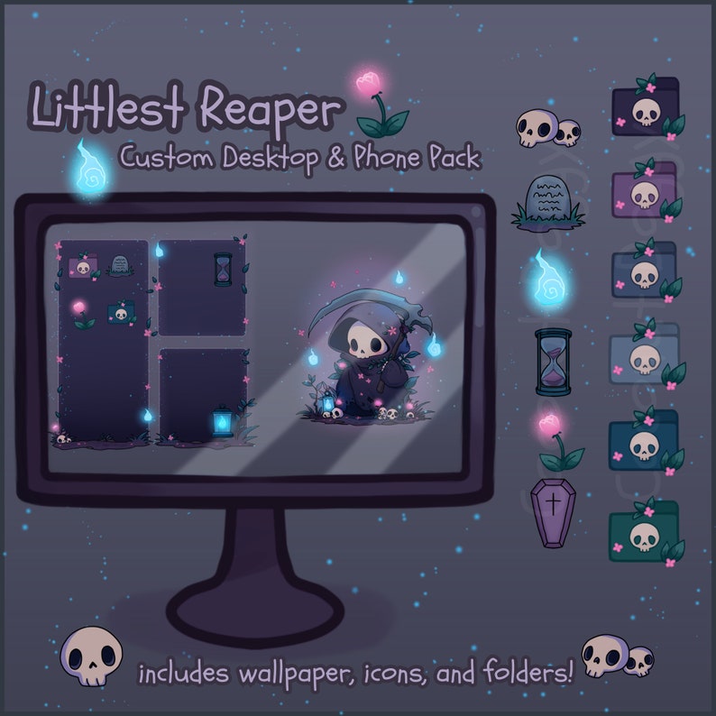 May include: A digital desktop and phone pack with a dark purple background and a cartoon reaper holding a scythe. The pack includes a wallpaper, icons, and folders. The icons and folders feature a skull, a flower, a tombstone, an hourglass, and a flame.