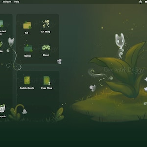 May include: A stylized computer desktop with a green and black background. The desktop has a variety of icons, including folders, apps, and games. The icons are arranged in a grid pattern. The desktop also features a whimsical illustration of a lily plant with white ghosts and a green background.