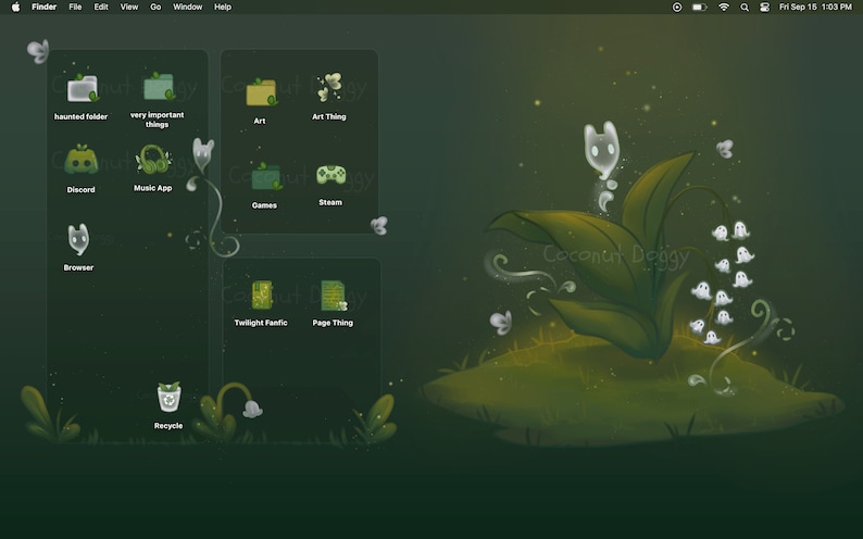 May include: A stylized computer desktop with a green and black background. The desktop has a variety of icons, including folders, apps, and games. The icons are arranged in a grid pattern. The desktop also features a whimsical illustration of a lily plant with white ghosts and a green background.