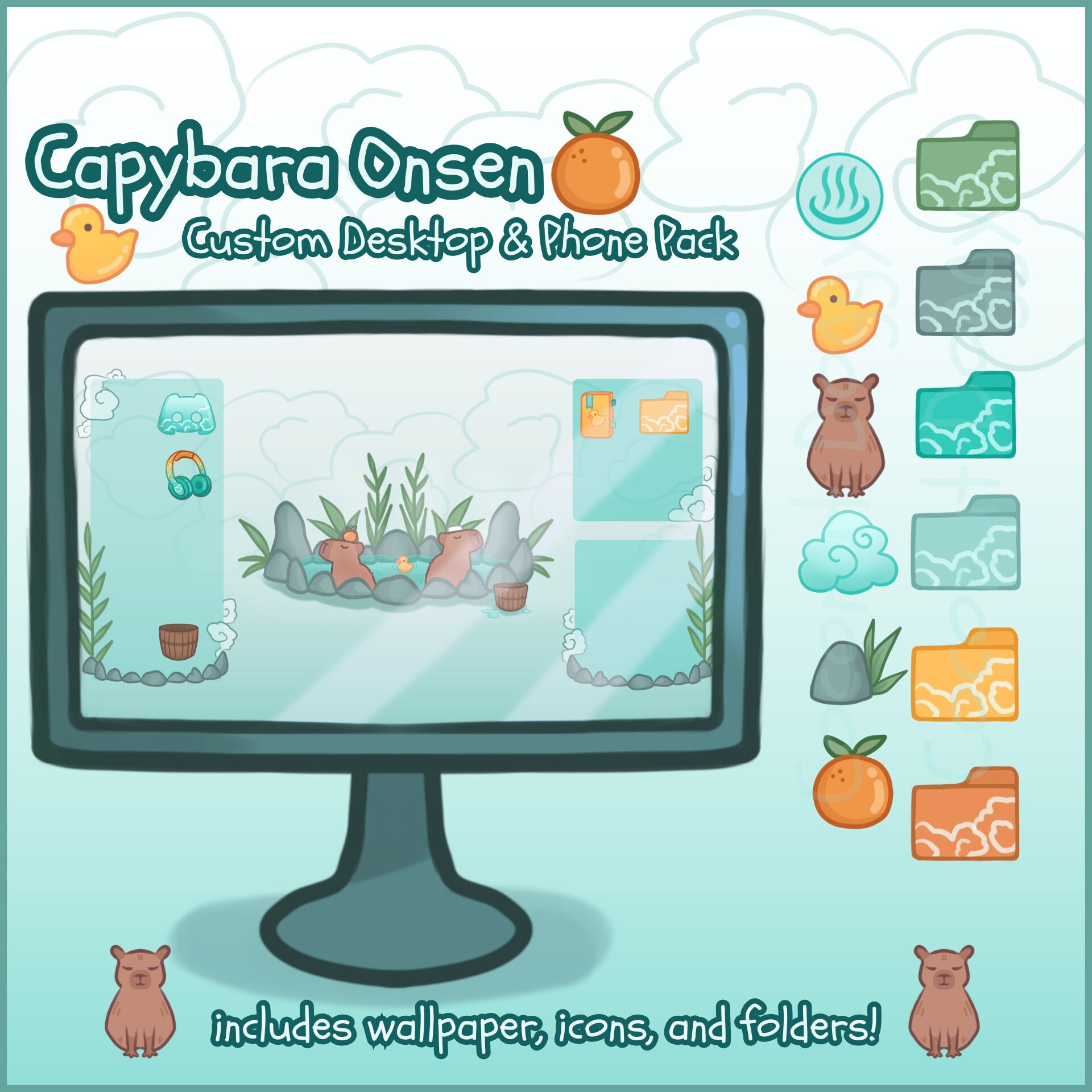 Capybara Onsen | Desktop & Phone Theme Pack | Custom Organizer Set With Wallpaper | Icons, Folders, Cursors | Kawaii Cute Hot Spring