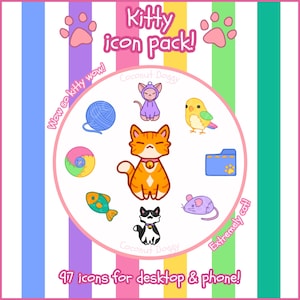 Könnte beinhalten: Eine bunte Illustration eines Katzen-Icon-Pakets mit 97 Icons für Desktop und Handy. Die Icons beinhalten eine Katze, eine Wollknäuel, einen Fisch, eine Maus, einen Vogel, einen Ordner, eine Kokosnuss und einen Hund.