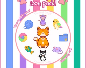 Peut inclure: Une illustration colorée d'un pack d'icônes de chat avec 97 icônes pour ordinateur de bureau et téléphone. Les icônes comprennent un chat, une pelote de laine, un poisson, une souris, un oiseau, un dossier, une noix de coco et un chien.