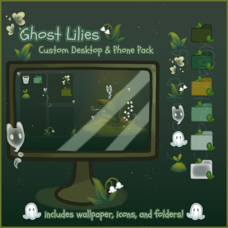 May include: A digital illustration of a computer monitor displaying a green and white desktop background with a lily flower design. The image also includes a set of icons and folders with a ghost and lily flower theme.