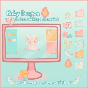 Puede incluir: Un bebé dragón rosa con alas y una corona se sienta sobre un fondo de escritorio con un esquema de color azul claro y rosa. El fondo de escritorio incluye una carpeta, una nota y un icono de fuego. La imagen también incluye una colección de iconos y carpetas con un esquema de color rosa, azul y amarillo. El texto "Baby Dragon Custom Desktop & Phone Pack" está en la parte superior de la imagen. El texto "includes wallpaper, icons, and folders!" está en la parte inferior de la imagen.
