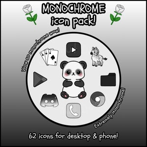 Könnte beinhalten: Ein Schwarz-Weiß-Icon-Paket mit 62 Icons für Desktop und Handy. Die Icons sind in einem Kreis um einen Pandabären angeordnet. Die Icons beinhalten einen Play-Button, einen Ordner, ein Telefon, ein Zebra, ein Kartenspiel und ein Discord-Logo.