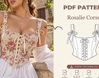 Corset Sewing Pattern PDF, Lace Up Corset Top with Straps, Cottagecore Bustier Bodice Pattern, XS-XXXL, A4 A0, Beginner Sewing Guide
