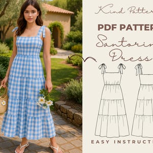 Puede incluir: Un vestido Santorini a cuadros azules y blancos con tirantes anudados. La imagen también presenta un bolso de paja, flores y el texto "Kind Patterns PDF Pattern Santorini Dress EASY INSTRUCTIONS".