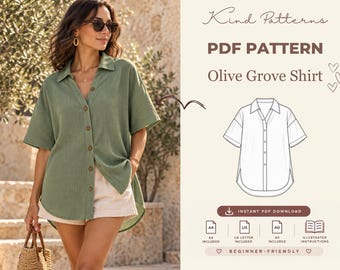 Olive Grove Shirt Sewing Pattern PDF, Women Oversized Button Up Shirt, Camp Collar Summer Top, XS-XXXL, A4 A0 Instant Download