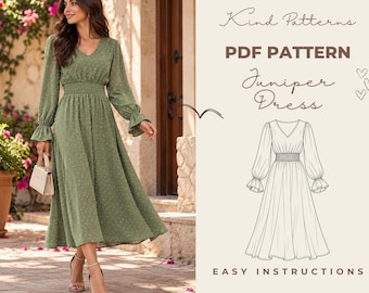 Juniper Dress Sewing Pattern PDF, Smocked Waist V Neck Midi Dress, Balloon Sleeve, Women XS-XXXL, A4 A0, Beginner Sewing Guide
