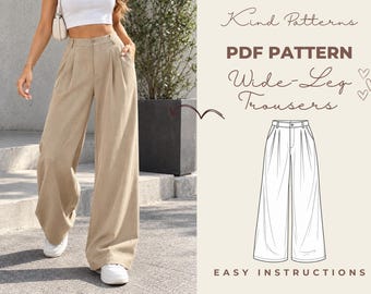 Wide Leg Pants Sewing Pattern PDF, High Waisted Pleated Trousers, Palazzo Pants Pattern XS-XXXL, A0 Pattern + Step by Step Sewing Guide