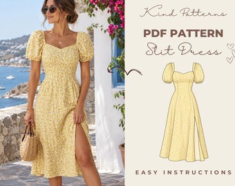 Slit Dress Sewing Pattern PDF, Puff Sleeve Midi Dress Pattern, Sweetheart Neckline Summer Dress, XS-XXXL, A4 A0 Instant Download