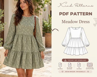 Meadow Dress Sewing Pattern PDF, Tiered Babydoll Dress Pattern, Long Sleeve Mini Dress, Easy Beginner Sewing Pattern, XS-XXXL, A4 A0