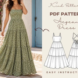 May include: A floor-length olive green dress with a white floral print, thin straps, and a tiered skirt. The image includes text reading Kind Patterns, PDF PATTERN, Aegean Dress, and EASY INSTRUCTIONS, alongside a technical line drawing of the dress.