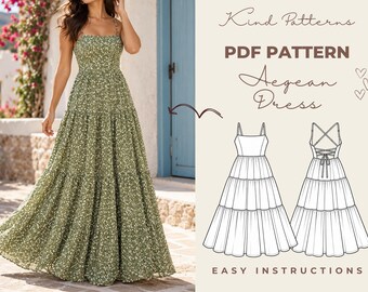 Aegean Maxi Dress Sewing Pattern PDF, Tiered Maxi Dress Pattern, Open Back Lace Up Sundress, Spaghetti Strap, XS-XxxL, A4 A0 US Letter