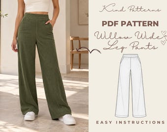 Wide Leg Pants Sewing Pattern PDF, High Waisted Corduroy Trousers Pattern, Women's Pants XS-XXXL, A4 A0 Printable, Beginner Sewing Guide