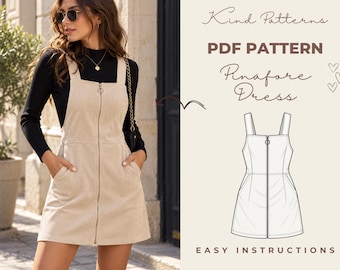 Pinafore Dress Sewing Pattern PDF, Zip Front Overall Dress, Corduroy Jumper Dress, XS-XXXL, Beginner Sewing Pattern, A4 A0, Margot Pinafore