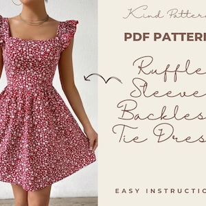 Peut inclure: Une robe à imprimé floral rouge et blanc avec des manches à volants et un dos à nouer. La robe est sans manches et a un décolleté carré. Le texte "Kind Pattern PDF PATTERN Ruffle Sleeve Backless Tie Dress EASY INSTRUCTIONS" est sur le côté droit de l'image.