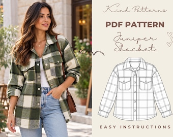 Juniper Shacket Sewing Pattern PDF, Oversized Shirt Jacket Pattern XS-XXXL, Women's Shacket, Beginner Sewing Guide, A4 a0 Us Letter