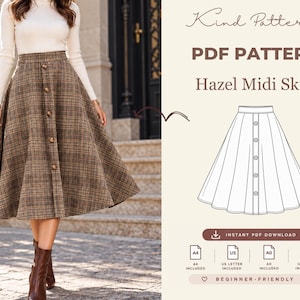 Peut inclure: Une jupe midi à carreaux marron avec une fermeture boutonnée sur le devant, présentée avec un dessin technique intitulé Kind Patterns PDF Pattern Hazel Midi Skirt, incluant des formats A4, US Letter et A0.