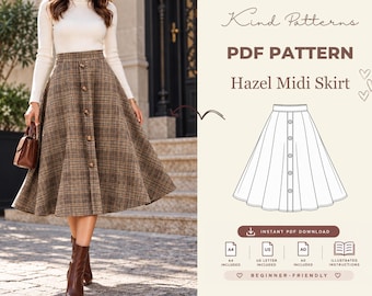 Hazel Midi Skirt Sewing Pattern PDF, A Line Button Front Skirt Pattern, Beginner Sewing Pattern XS-XXXL, A4 A0 Instant Download
