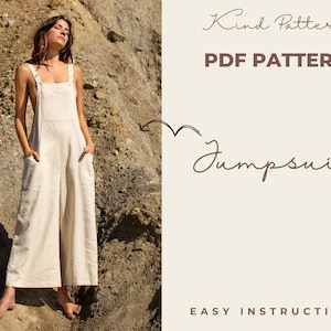 Peut inclure: Une femme portant une combinaison blanche en lin avec des jambes larges et un col rond. La combinaison a des bretelles réglables et des poches. L'image est une photo de produit pour un patron de couture PDF pour une combinaison.