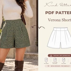 May include: A PDF sewing pattern for Verona shorts featuring a green and black houndstooth fabric design. The image displays a technical line drawing of the shorts, text reading Kind Patterns, and icons for A4, US Letter, and A0 formats.