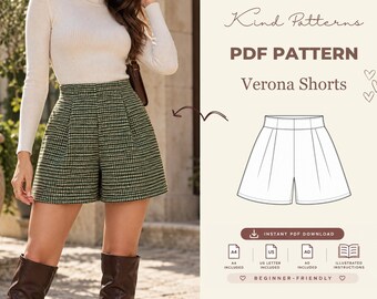 Verona Shorts Sewing Pattern PDF, High Waisted Pleated Wide Leg Shorts, Womens XS-XXXL, Beginner Sewing Pattern, A4 A0 Instant Download