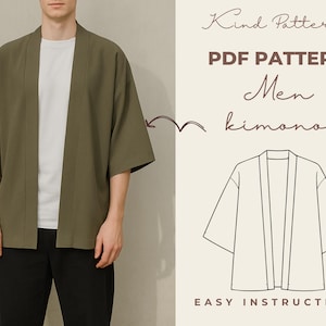 Peut inclure: Un kimono vert olive à manches courtes, porté sur un t-shirt blanc et un pantalon noir. L'image comprend le texte "Kind Patterns PDF Pattern Men kimono EASY INSTRUCTIONS" et un dessin au trait du kimono.