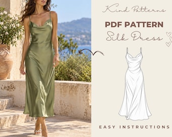 Cowl Neck Dress Sewing Pattern PDF, Satin Midi Dress Pattern, Bias Cut Slip Dress, Sizes XS-XXXL, A4 A0, Beginner Friendly