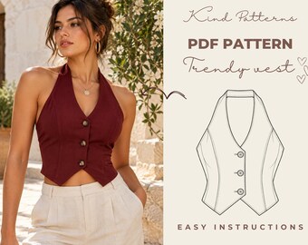 Trendy Vest Sewing Pattern PDF, Women's Button Front Crop Top Pattern, XS-XXXL, Beginner Sewing Pattern, A4 A0 Instant Download, Halter Vest