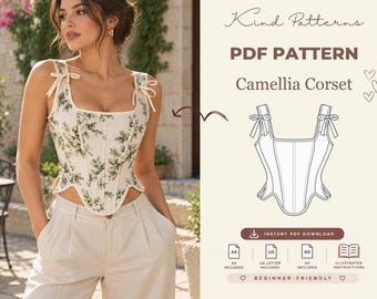 Camellia Corset Top Sewing Pattern PDF, Lace Up Back Corset Pattern, Boned Bustier Top, Sizes XS-XXXL, A4 A0 Digital Download