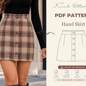 Può includere: Una gonna a quadri beige e marrone con vita alta e cinque bottoni dorati sul davanti. L'immagine include il testo Kind Patterns, PDF Pattern, Hazel Skirt, Instant PDF Download, A4, US Letter, A0 e Illustrated Instructions.