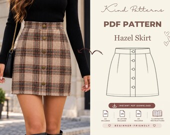 Hazel Skirt Sewing Pattern PDF, Snap Front Mini Skirt Pattern, A Line Plaid Skirt, Women XS-XXXL, Beginner Sewing Pattern, Instant Download