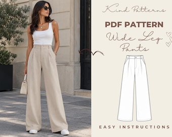 Wide Leg Pants Sewing Pattern PDF, Pleated Trousers Pattern XS-XXXL, High Waist Women's Pants, A4 A0 Printable Digital Download Pattern