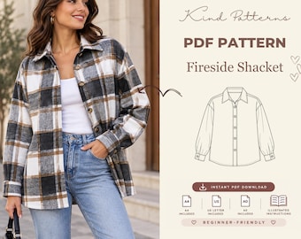 Shacket Sewing Pattern PDF, Oversized Shirt Jacket Pattern, Womens Plaid Shacket, XS-XXXL, A4 A0 Digital Download, Fireside Shacket