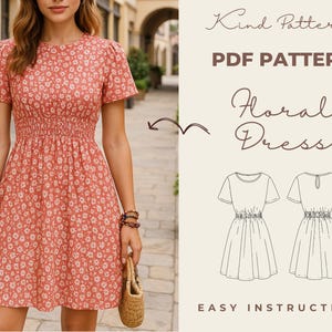 Patrón de costura para vestido floral – Descargar PDF | Tallas XS–XXXL | A4, Carta EE.UU. y A0 | Patrón fácil para principiantes con cintura fruncida